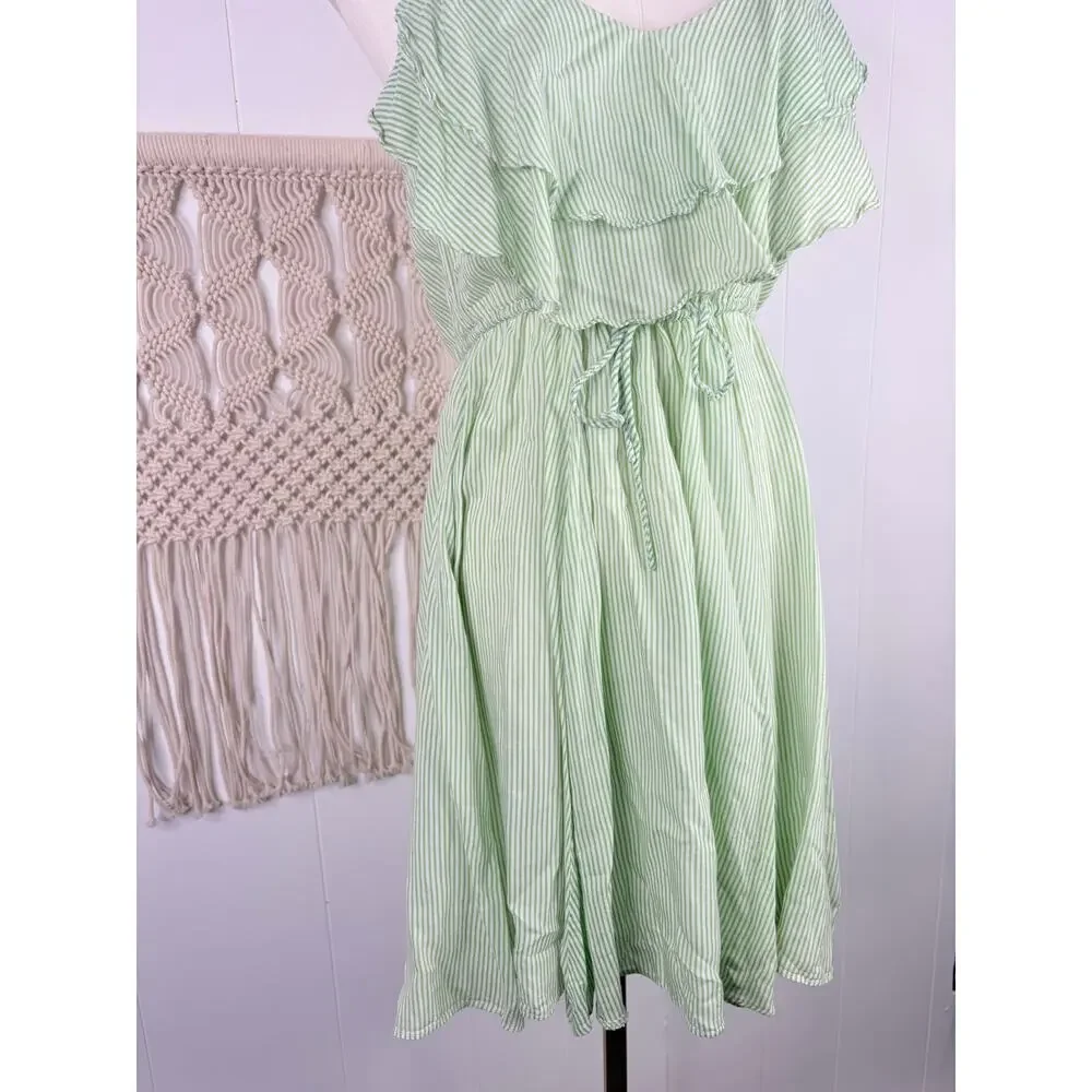 Free People Green Stripe Ruffle Mini Dress Small Flutter Away